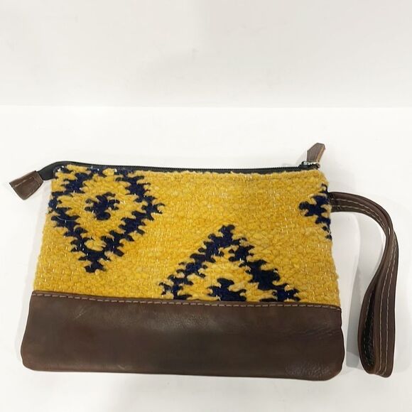 Achiote Guatemalan Goods Wool Full Grain Leather Pouch yellow Aztec - Picture 4 of 9